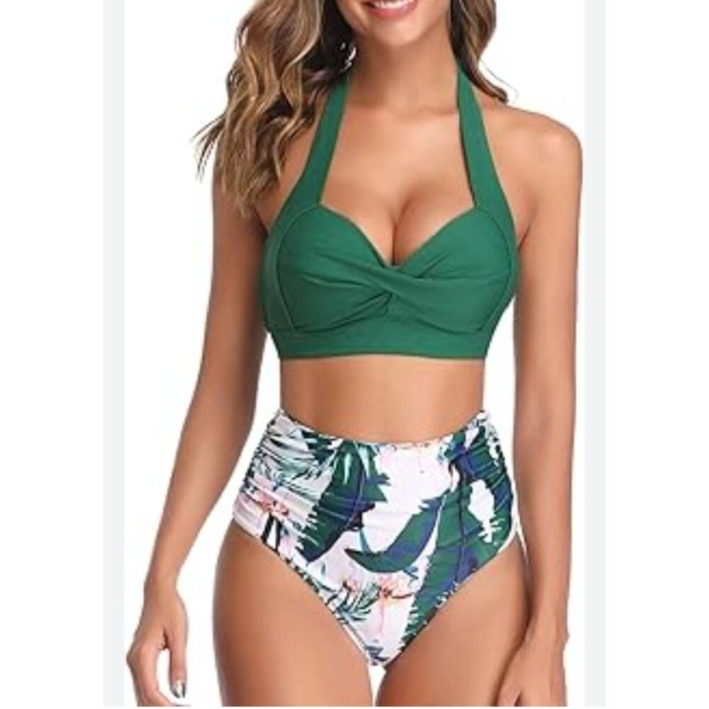 Tropical Womens Vintage 2 Piece Swimsuit Retro Halter High Waist Bikini Size Med